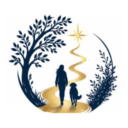 Seelenfährte-Logo: Frau und Hund auf einem goldenen Weg zum Stern